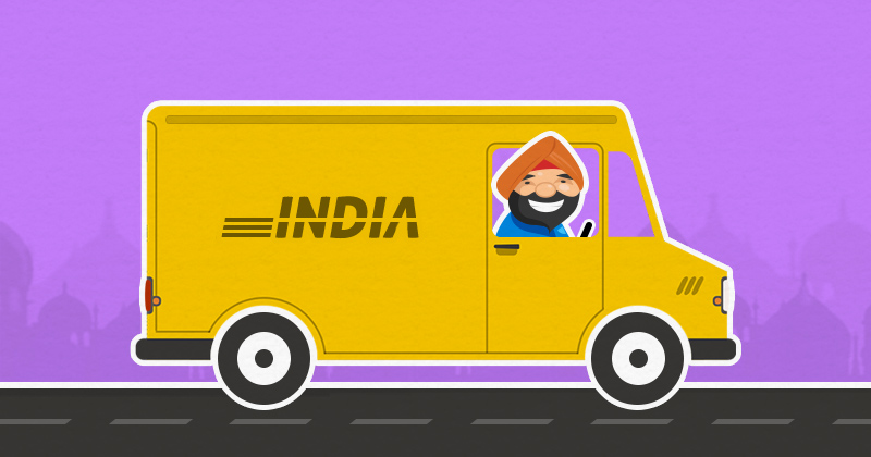 illustratione: un sikh al volante di un furgone da corriere giallo, con la scritta India, sullo sfondo viola profili di cupole e minareti indiani
